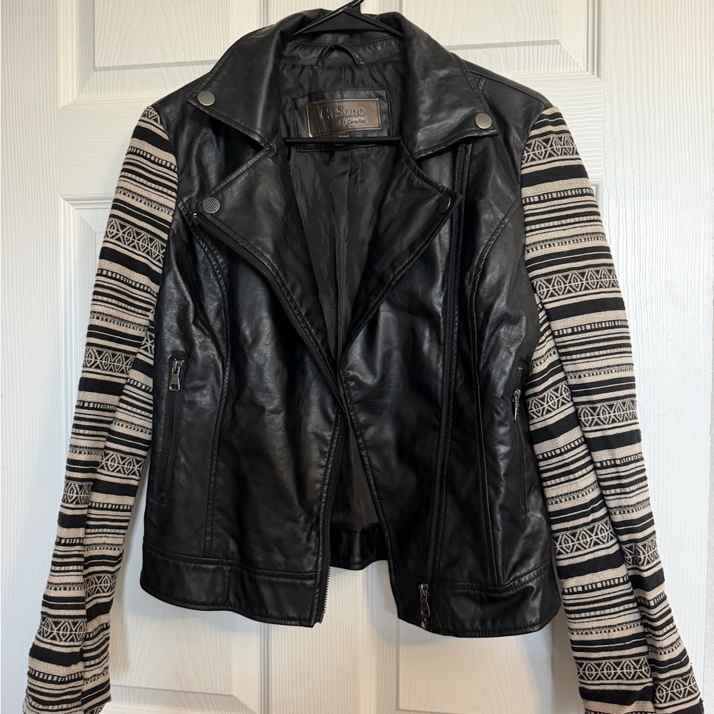 Stylish Black Leather Jacket with Patterned Sleeves